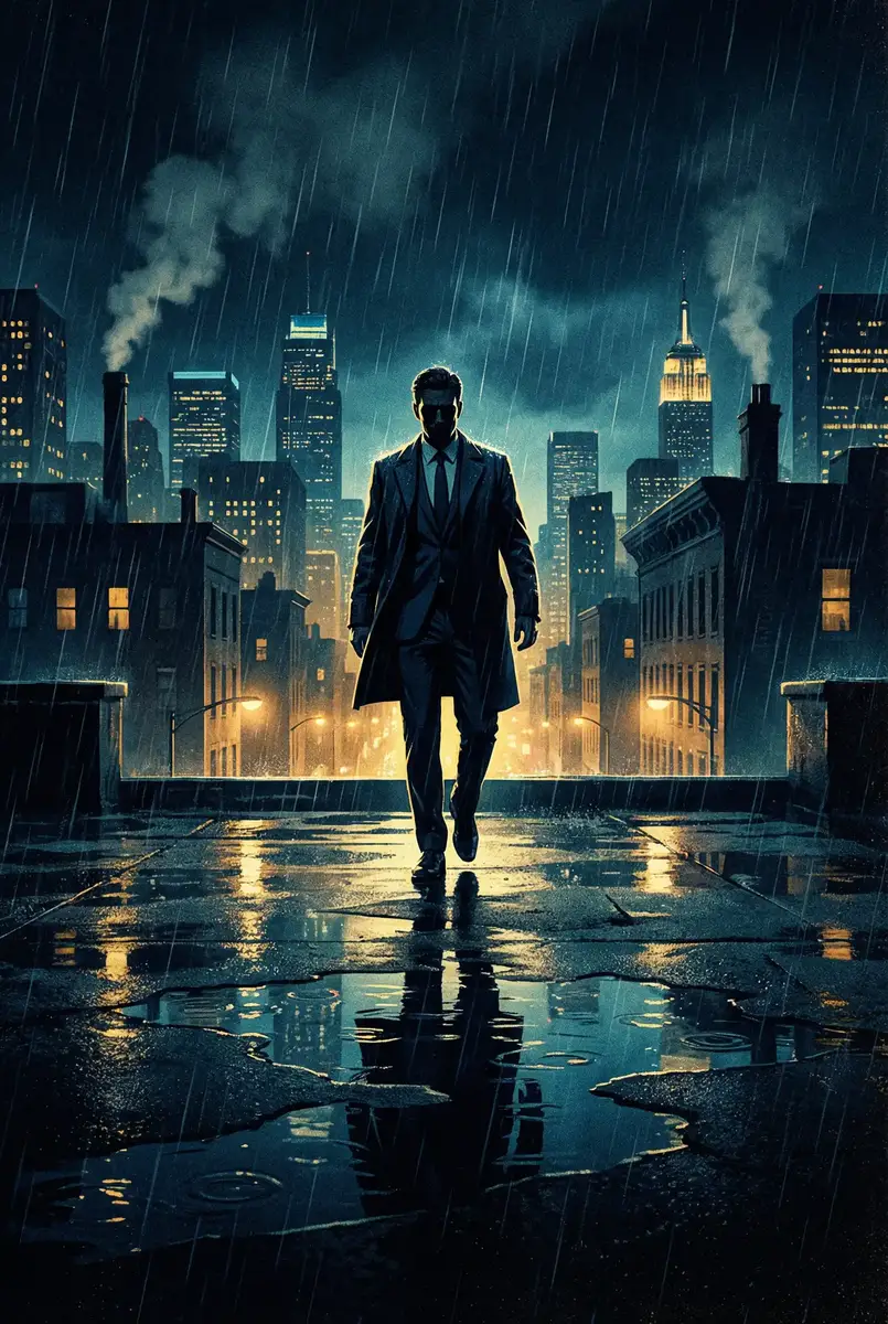 穿越火线卡箱子教程 出品影片《雨夜独行者》海报，雨中城市屋顶男性剪影